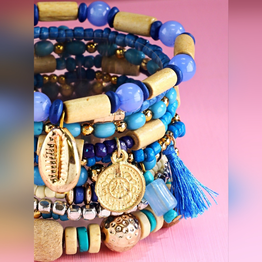 Ocean & Sky Blue Boho Chic Multi Layered Stretch Bracelet Set w/ Golden Charms - Picture 2 of 3